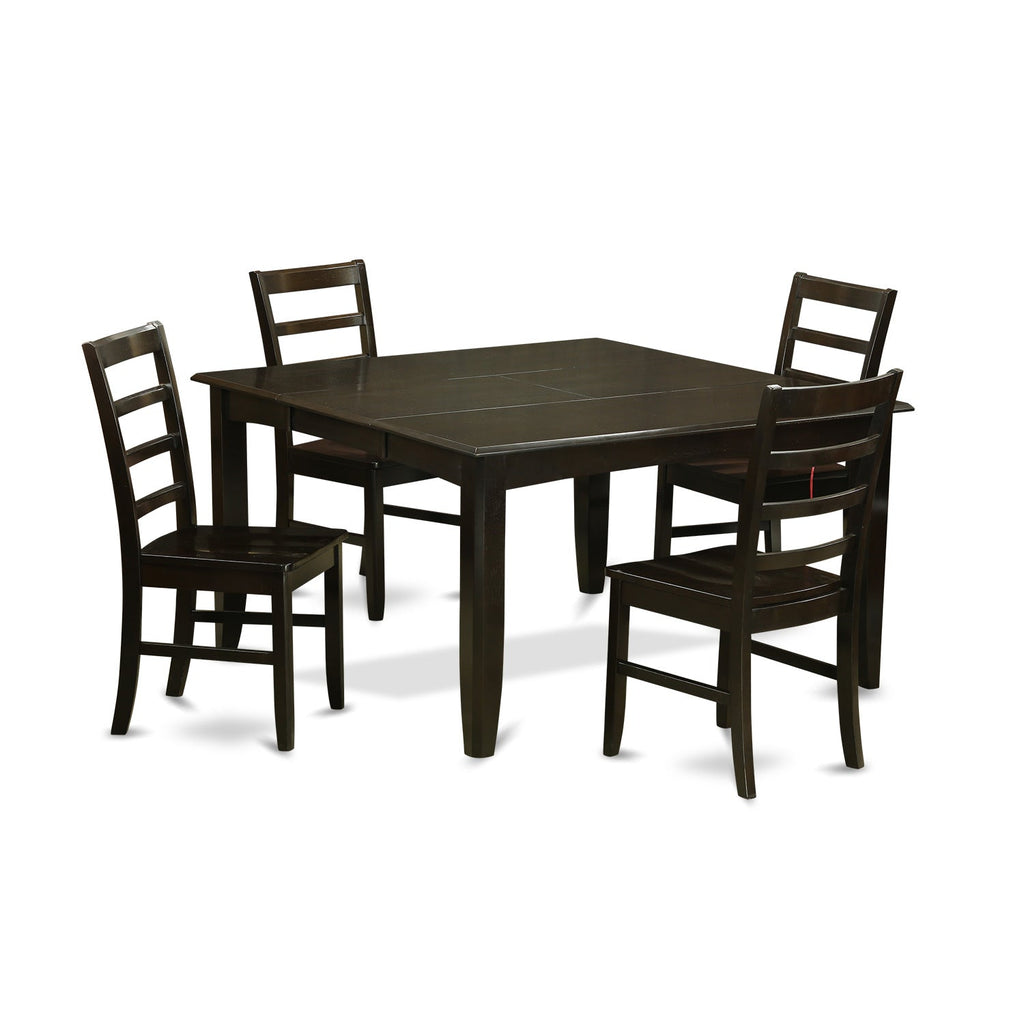 Juego de mesa y sillas de cocina de 5 piezas PARF5-CAP-W de East West Furniture. Incluye una mesa de comedor cuadrada con hojas de mariposa y 4 sillas de comedor.