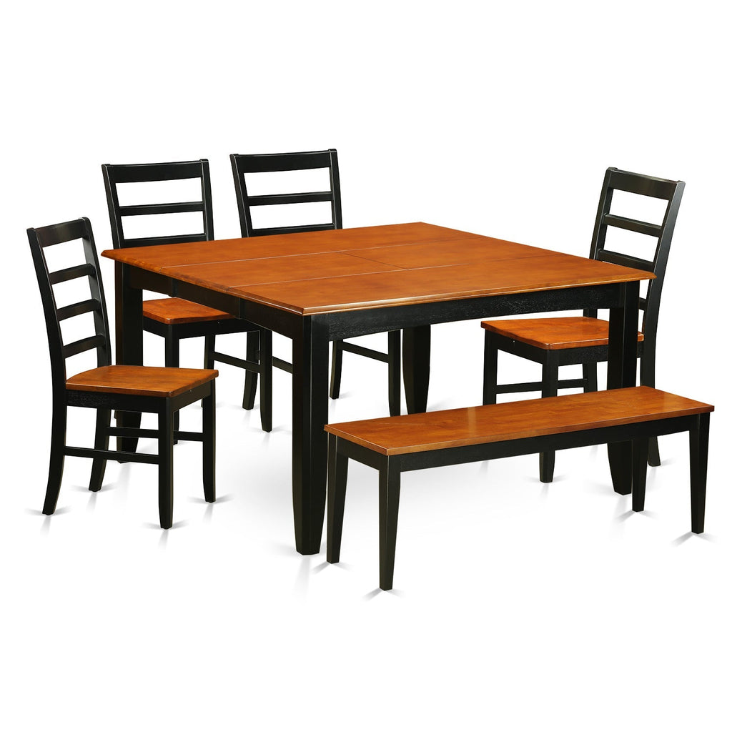 East West Furniture PARF6-BCH-W 6 Piece Dining Table Set Contains a Square Wooden Table with Butterfly Leaf and 4 Dining Room Chairs with a Bench