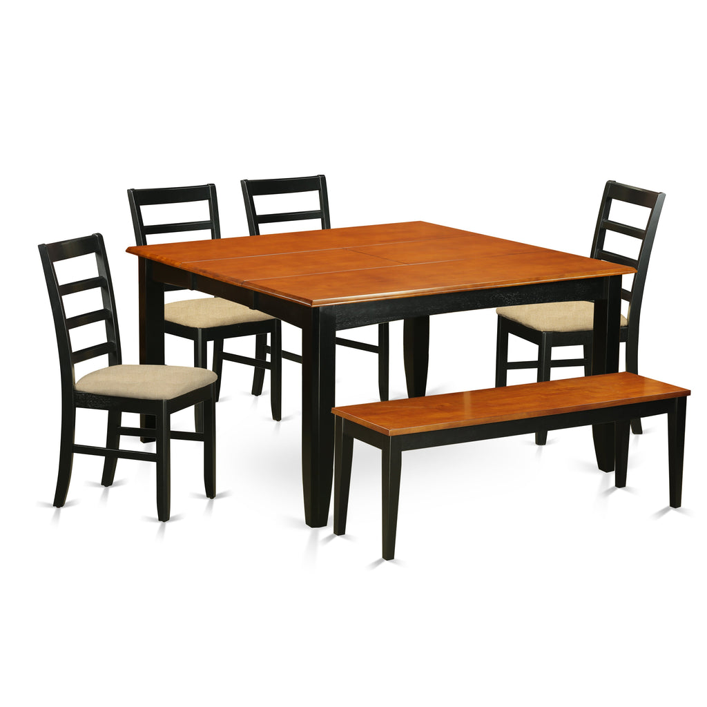 Juego de mesa de comedor de 6 piezas PARF6-BLK-C de East West Furniture. Contiene una mesa de comedor cuadrada con hojas de mariposa y 4 sillas tapizadas en tela de lino con un banco.