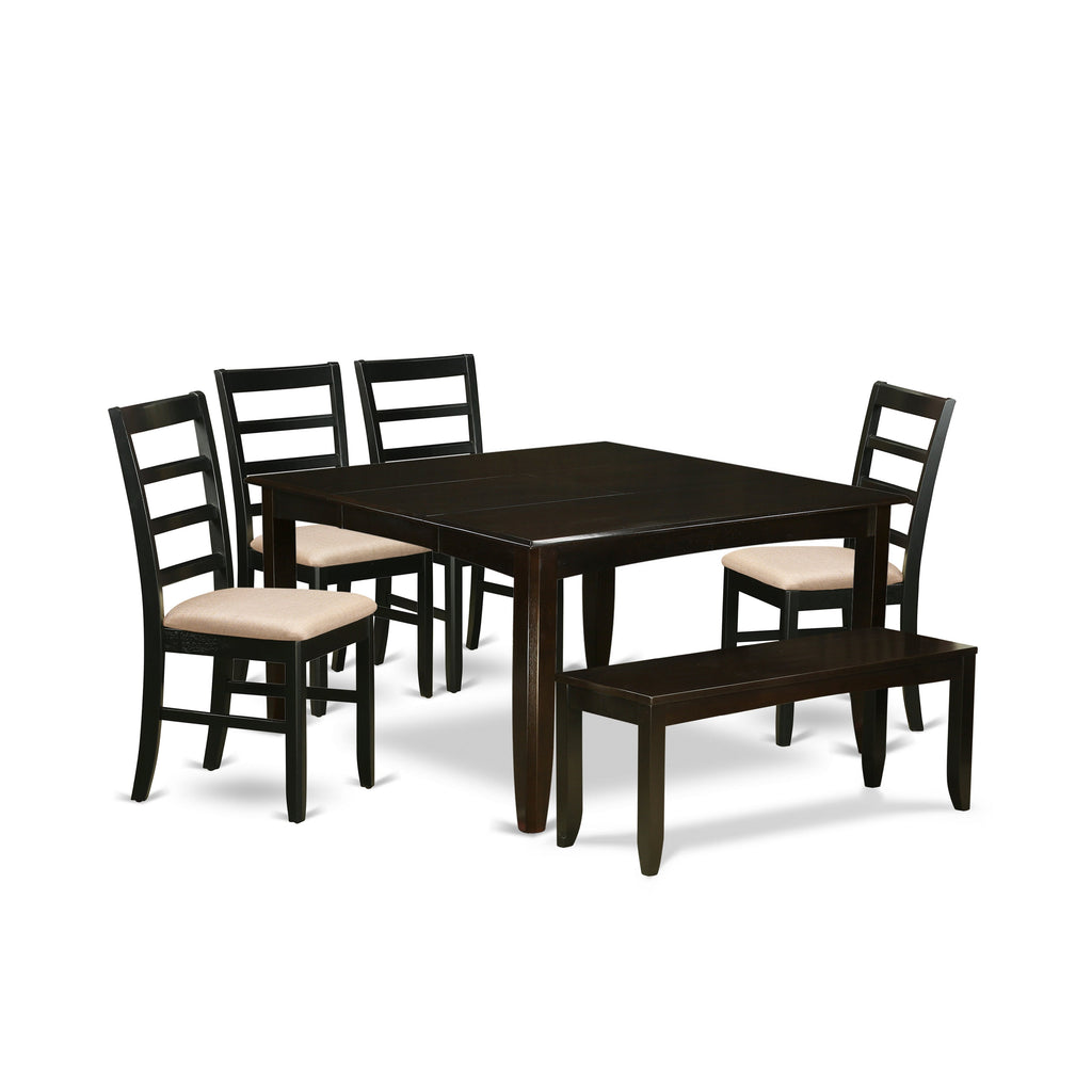 Juego de mesa de comedor de 6 piezas PARF6-CAP-C de East West Furniture. Contiene una mesa de comedor cuadrada con hojas de mariposa y 4 sillas de comedor de tela de lino con un banco.