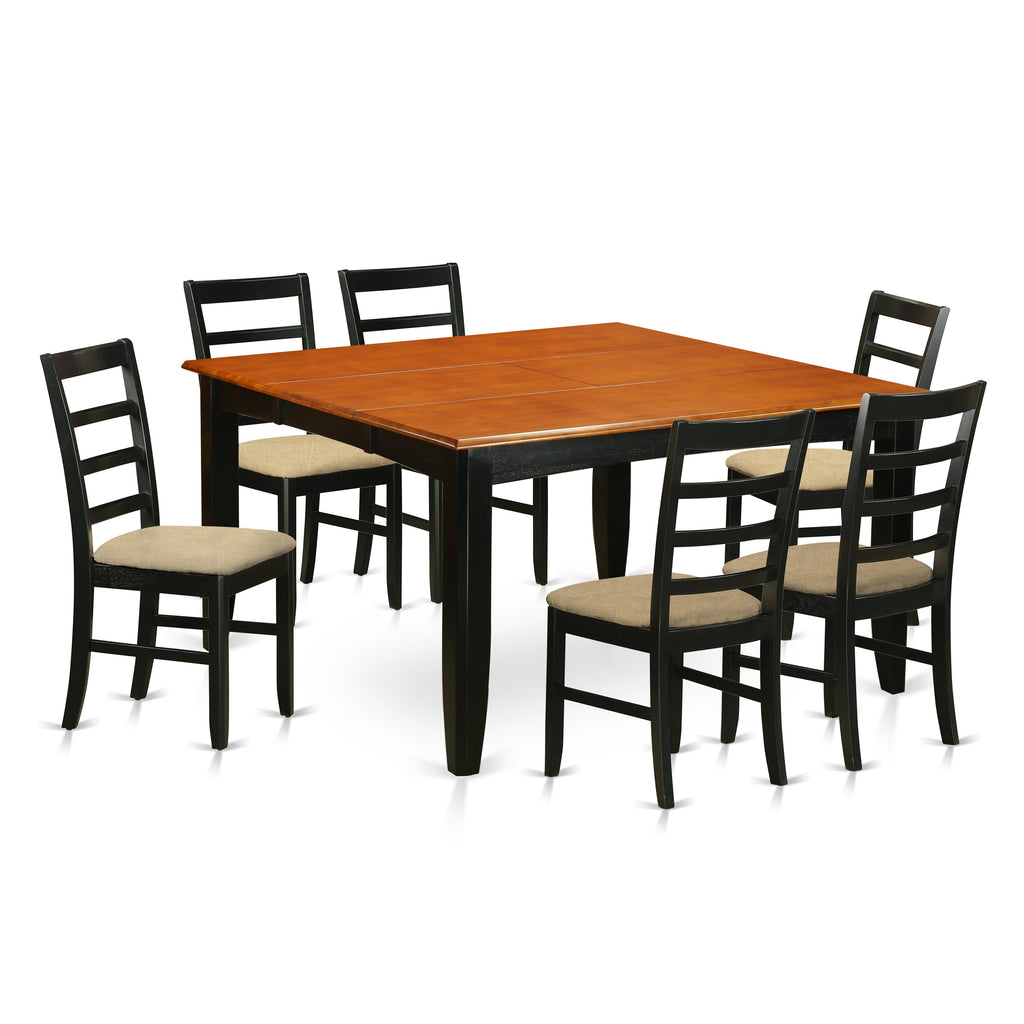 Juego de mesa de comedor de 7 piezas PARF7-BLK-C de East West Furniture. Incluye una mesa de comedor cuadrada con hojas de mariposa y 6 sillas tapizadas en tela de lino.