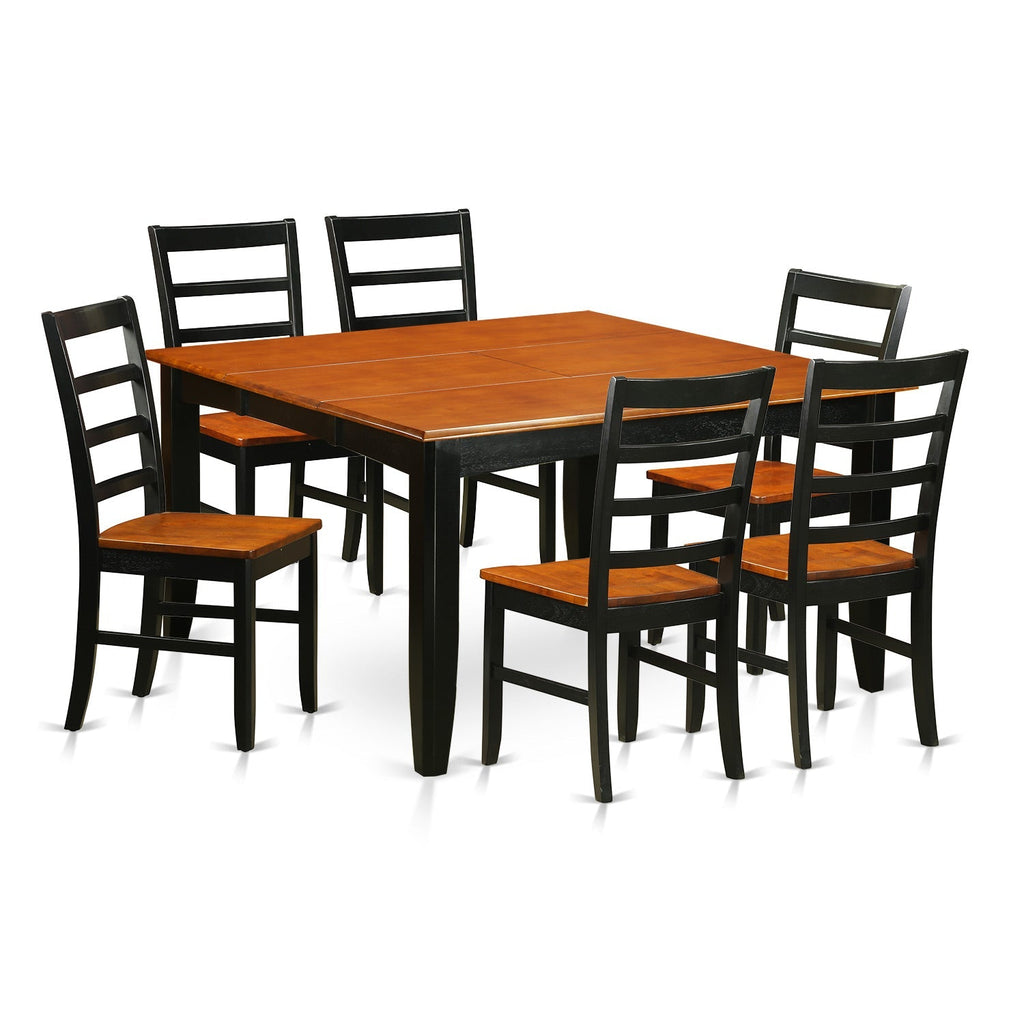 Juego de mesa de cocina de 7 piezas PARF7-BLK-W de East West Furniture: mesa de comedor cuadrada con diseño de hojas de mariposa y 6 sillas de comedor.