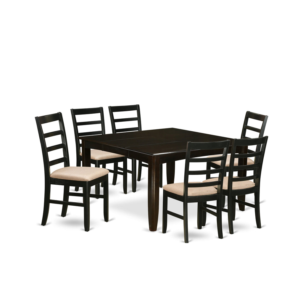 Juego de mesa de comedor moderna de 7 piezas PARF7-CAP-C de East West Furniture. Incluye una mesa cuadrada de madera con diseño de hojas de mariposa y 6 sillas de comedor de tela de lino.