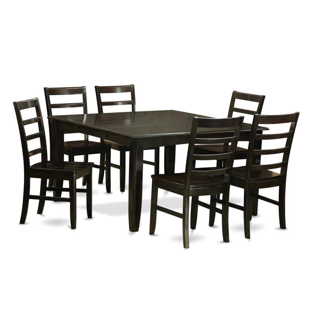 Juego de mesa de comedor de 7 piezas PARF7-CAP-W de East West Furniture: mesa cuadrada de madera con diseño de hojas de mariposa y 6 sillas de comedor de cocina.