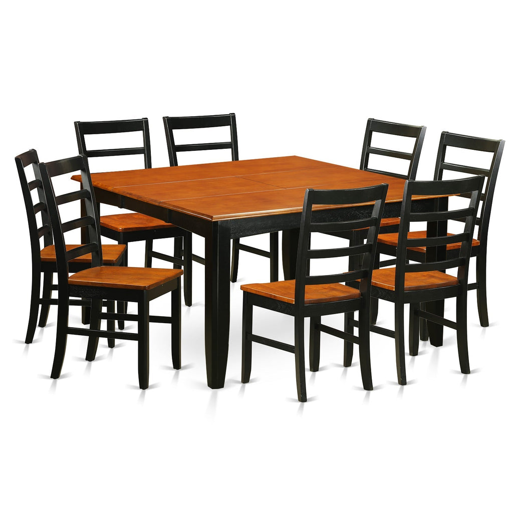 Juego de mesa de comedor moderna de 9 piezas PARF9-BCH-W de East West Furniture. Incluye una mesa cuadrada de madera con diseño de hojas de mariposa y 8 sillas de comedor.