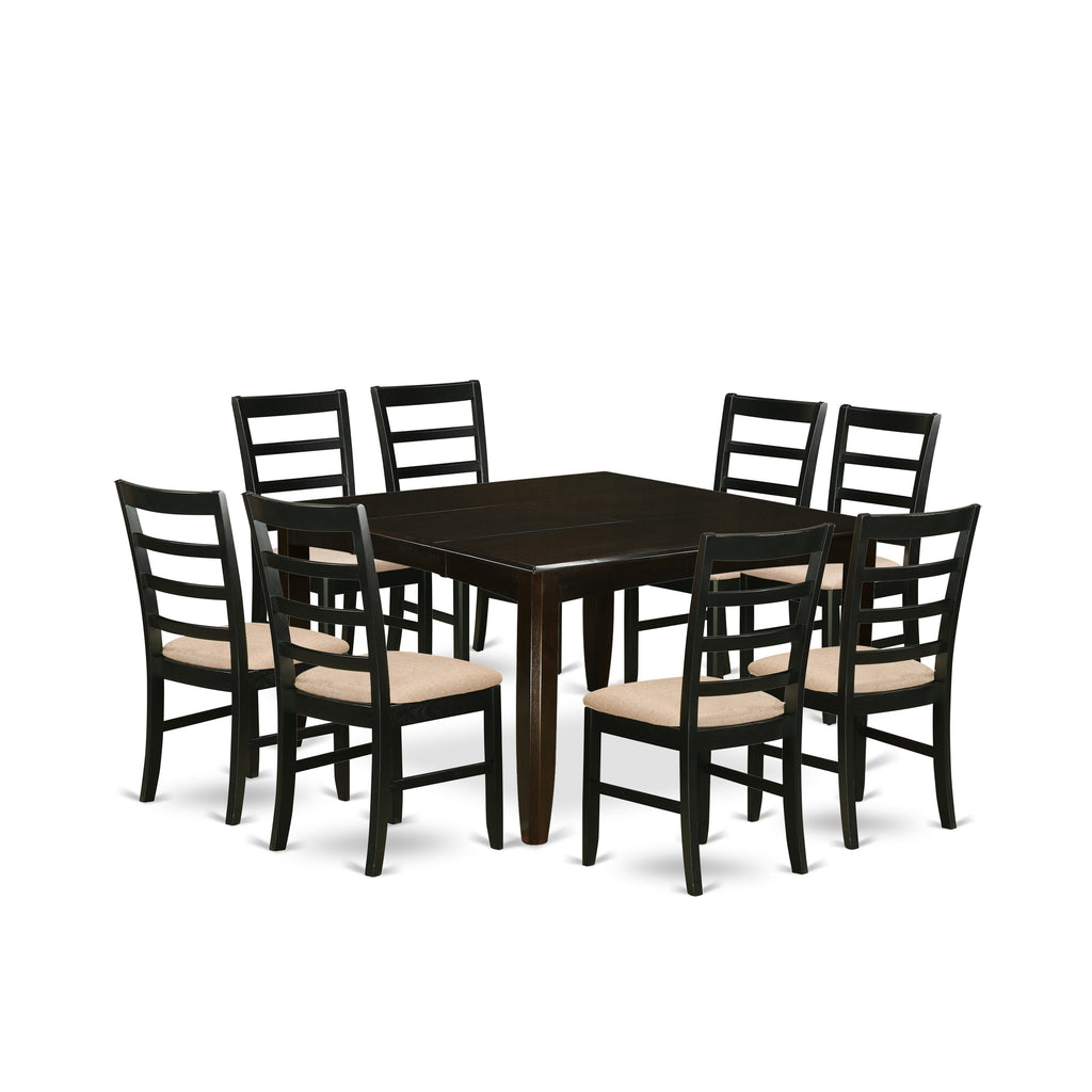 East West Furniture PARF9-CAP-C 9 Piece Dining Table Set Includes a Square Dining Room Table with Butterfly Leaf and 8 Linen Fabric Upholstered Chairs, 54x54 Inch, Cappuccino