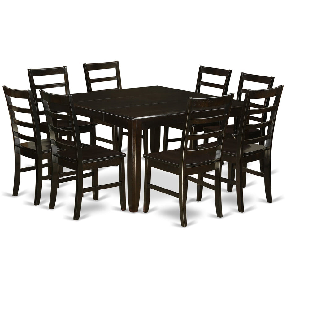 Juego de mesa de comedor moderna de 9 piezas PARF9-CAP-W de East West Furniture. Incluye una mesa cuadrada de madera con diseño de hojas de mariposa y 8 sillas de comedor de cocina.