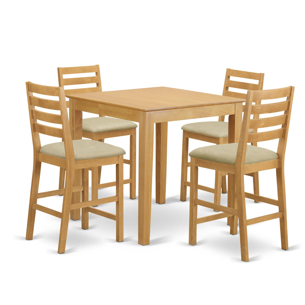 Juego de mesa de comedor de 5 piezas East West Furniture PBCF5-OAK-C con altura de mostrador para cocina. Incluye una mesa de bar cuadrada y 4 sillas tapizadas en tela de lino.