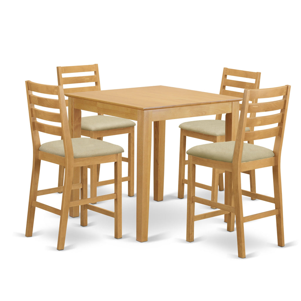 East West Furniture PBCF5-OAK-C 5 Piece Kitchen Counter Height Dining Table Set  Includes a Square Pub Table and 4 Linen Fabric Upholstered Chairs, 36x36 Inch, Oak