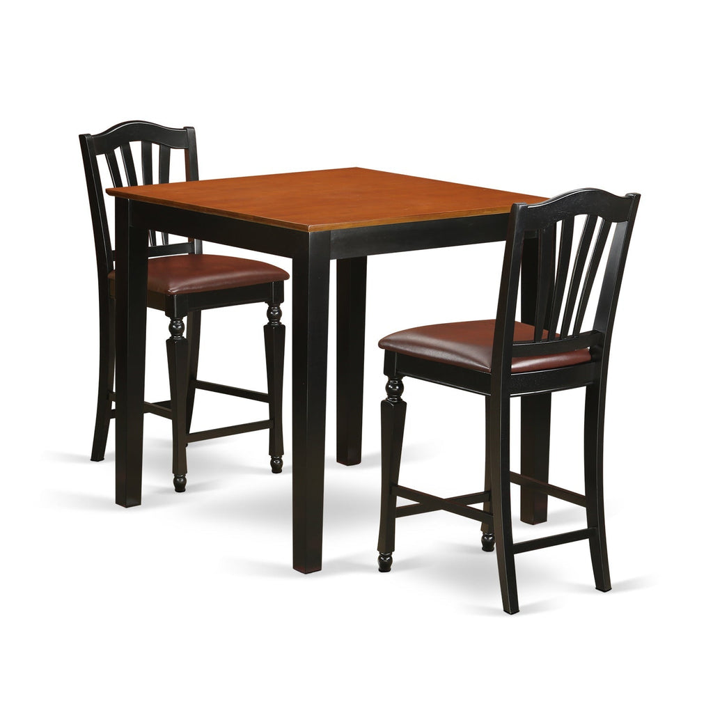 East West Furniture PBCH3-BLK-LC 3 Piece Kitchen Counter Height Dining Table Set  Contains a Square Pub Table and 2 Faux Leather Upholstered Chairs
