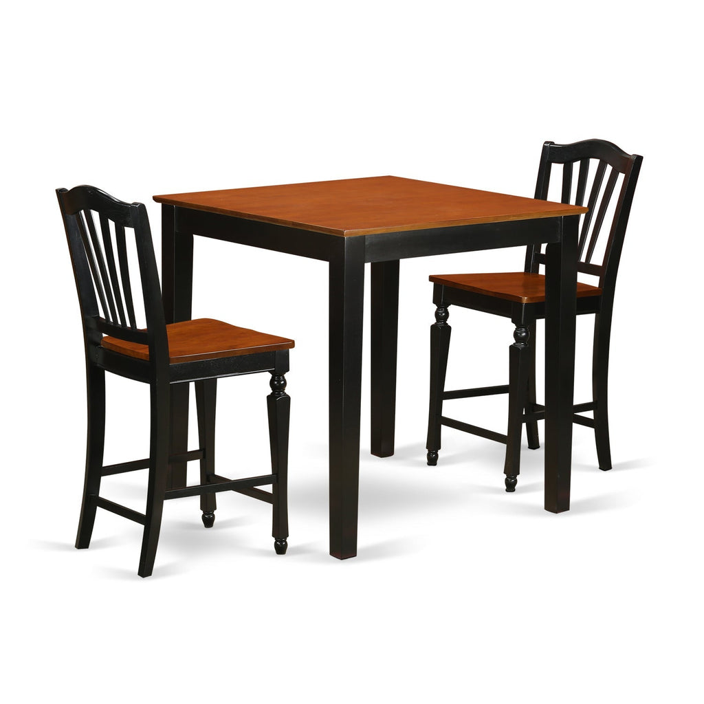 East West Furniture PBCH3-BLK-W 3 Piece Counter Height Pub Set for Small Spaces Contains a Square Kitchen Table and 2 Dining Room Chairs