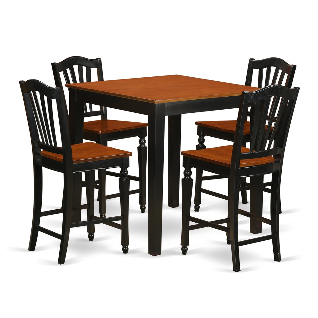 Juego de mesa de comedor de 5 piezas East West Furniture PBCH5-BLK-W con altura de mostrador para cocina. Incluye una mesa de comedor cuadrada y 4 sillas con asiento de madera.