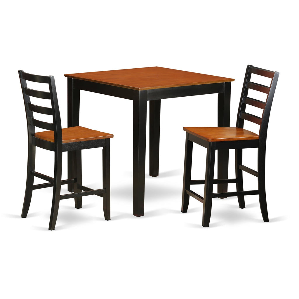 East West Furniture PBFA3-BLK-W 3 Piece Counter Height Dining Set for Small Spaces Contains a Square Dining Room Table and 2 Wooden Seat Chairs