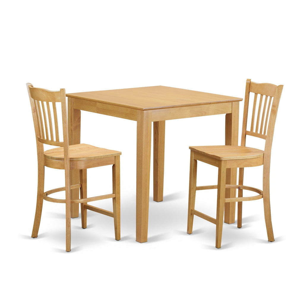 East West Furniture PBGR3-OAK-W 3 Piece Counter Height Dining Set for Small Spaces Contains a Square Wooden Table and 2 Kitchen Chairs