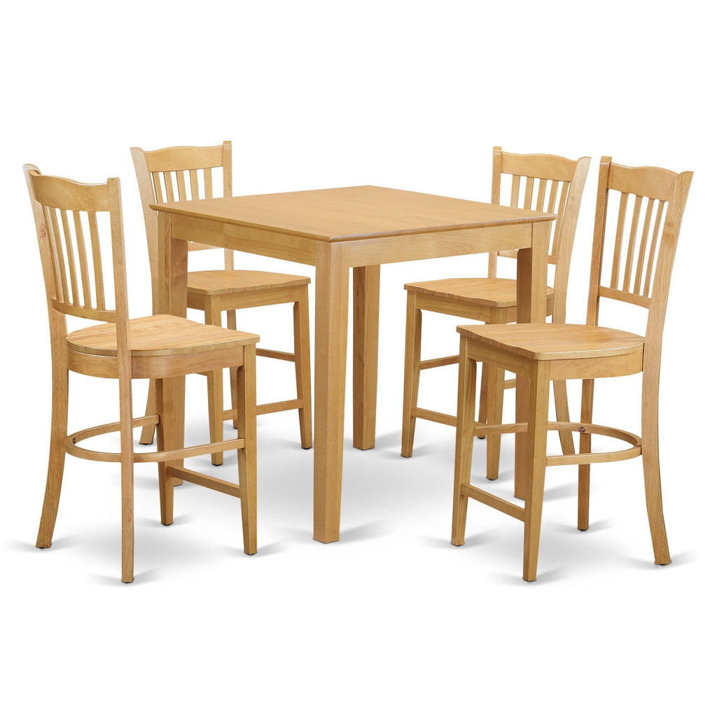 East West Furniture PBGR5-OAK-W 5 Piece Counter Height Dining Table Set Includes a Square Kitchen Table and 4 Dining Chairs