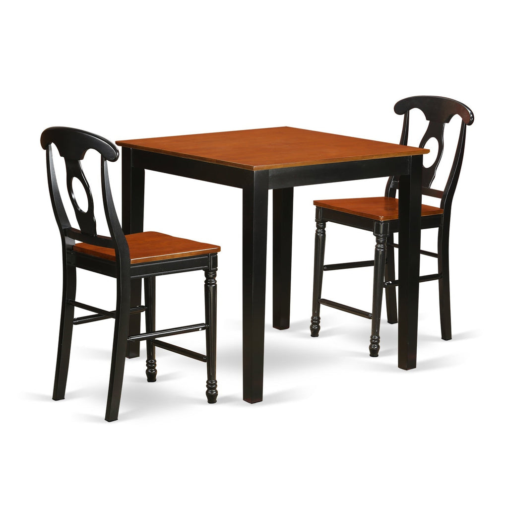 East West Furniture PBKE3-BLK-W 3 Piece Counter Height Dining Set for Small Spaces Contains a Square Dining Room Table and 2 Wooden Seat Chairs