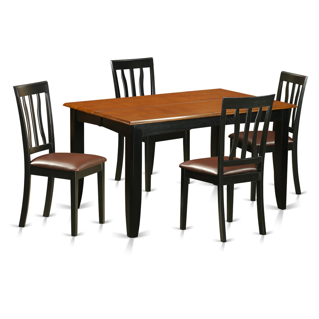 El juego de mesa de comedor moderno de 5 piezas PFAN5-BCH-LC de East West Furniture incluye una mesa cuadrada de madera con hojas de mariposa y 4 sillas de comedor tapizadas en piel sintética.