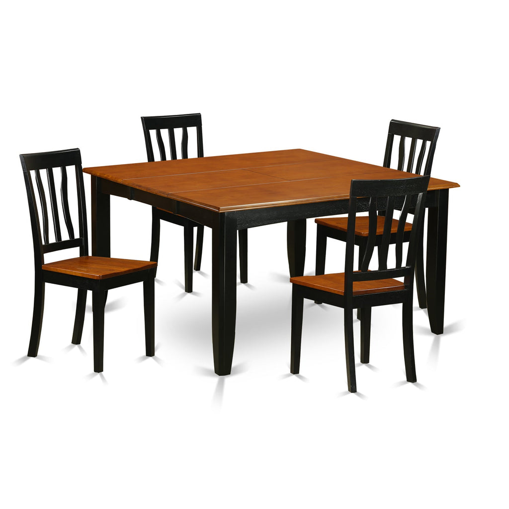 El juego de mesa de comedor moderno de 5 piezas PFAN5-BCH-W de East West Furniture incluye una mesa cuadrada de madera con hojas de mariposa y 4 sillas de comedor.