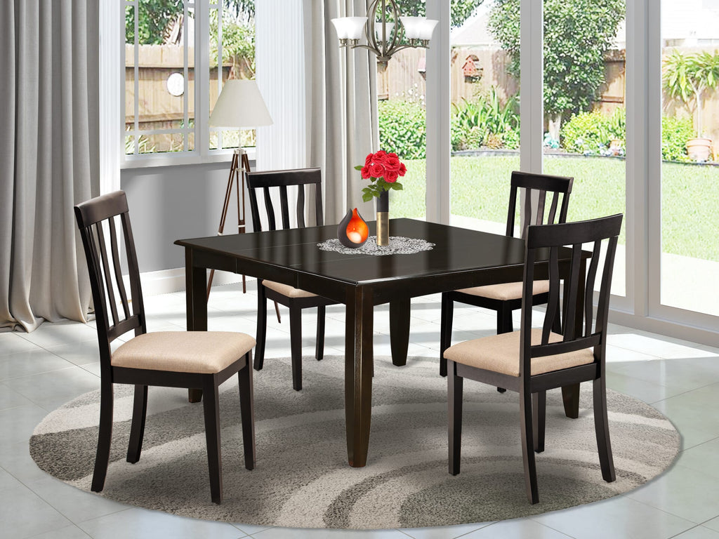 El juego de mesa de comedor de 5 piezas PFAN5-CAP-C de East West Furniture incluye una mesa de cocina cuadrada con hojas de mariposa y 4 sillas de comedor tapizadas en tela de lino.