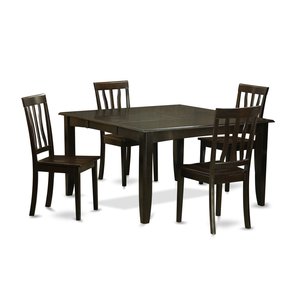 El juego de mesa de comedor moderno de 5 piezas PFAN5-CAP-W de East West Furniture incluye una mesa cuadrada de madera con hojas de mariposa y 4 sillas de comedor.