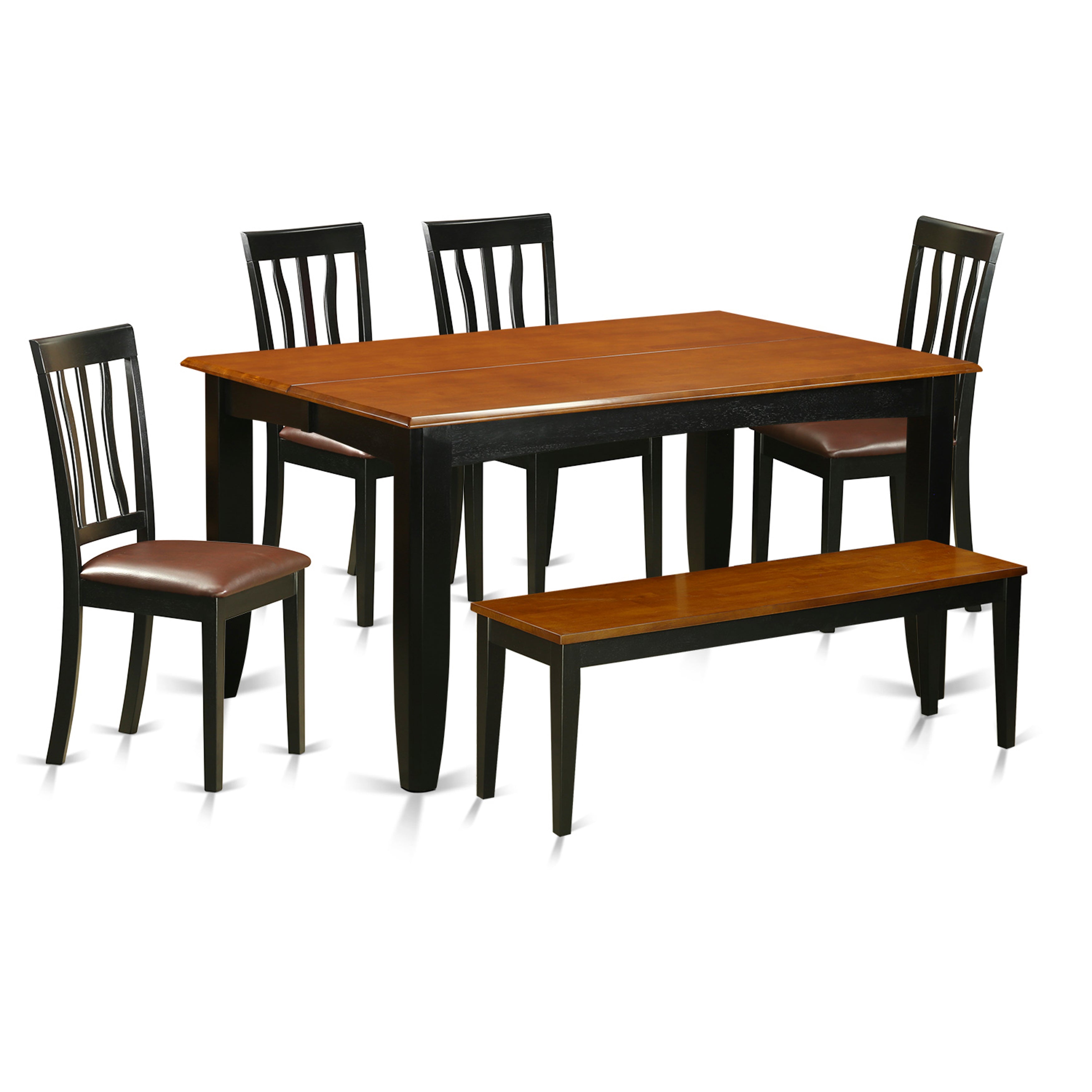 El juego de mesa de comedor de 6 piezas PFAN6-BCH-LC de East West Furniture contiene una mesa de cocina cuadrada con hojas de mariposa y 4 sillas de comedor de cuero sintético con un banco.