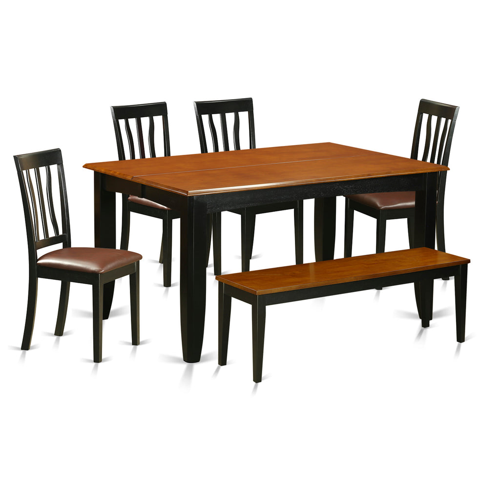El juego de mesa de comedor de 6 piezas PFAN6-BCH-LC de East West Furniture contiene una mesa de cocina cuadrada con hojas de mariposa y 4 sillas de comedor de cuero sintético con un banco.