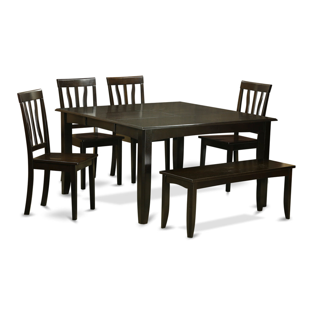 East West Furniture PFAN6-CAP-W 6 Piece Dining Set Contains a Square Dining Room Table with Butterfly Leaf and 4 Kitchen Chairs with a Bench