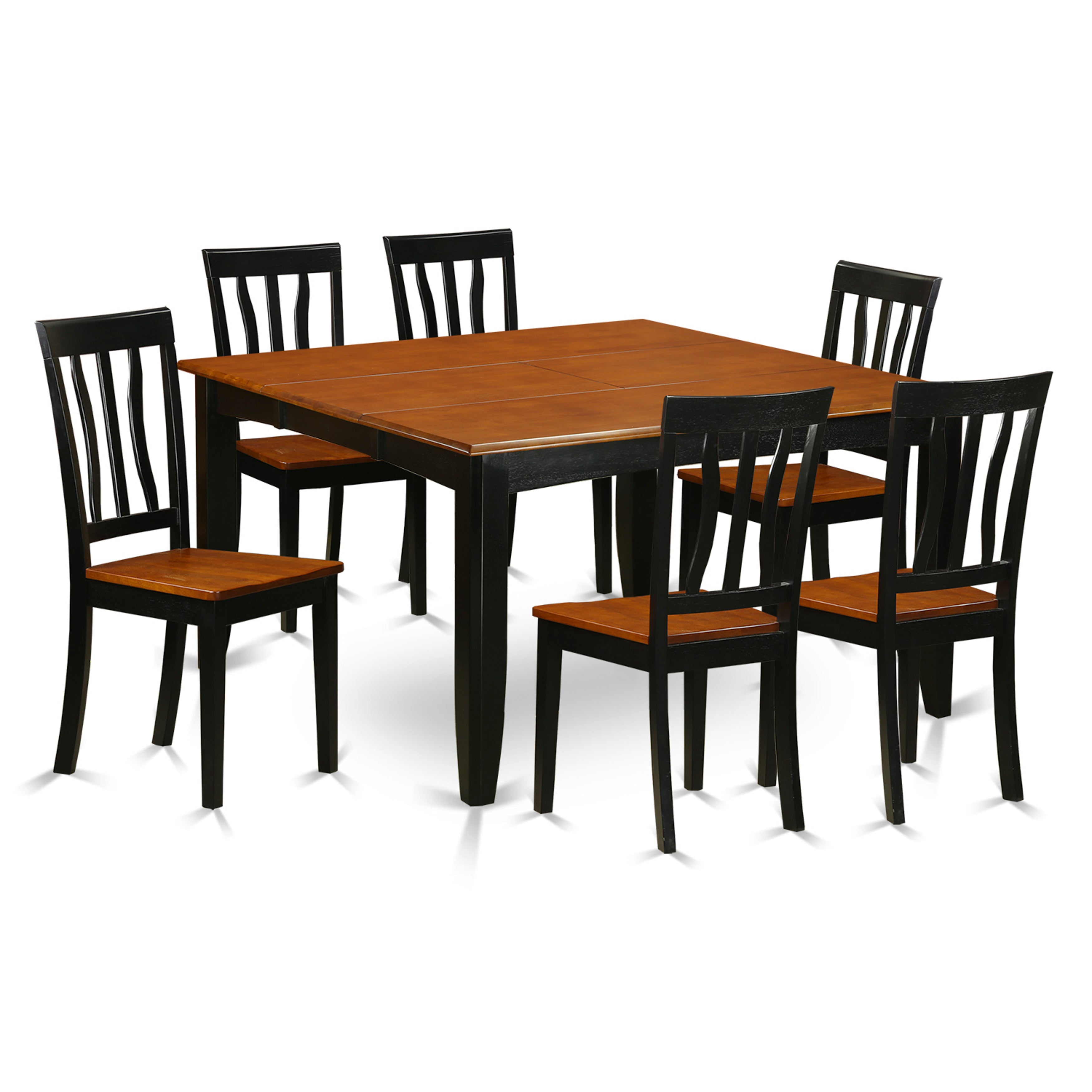 Juego de mesa de cocina de 7 piezas East West Furniture PFAN7-BCH-W compuesto por una mesa de comedor cuadrada con hojas de mariposa y 6 sillas de comedor.