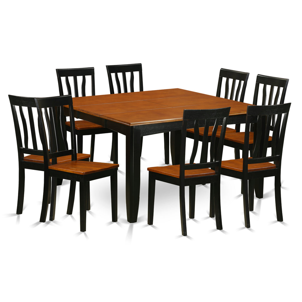 Juego de comedor de 9 piezas PFAN9-BCH-W de East West Furniture. Incluye una mesa de comedor cuadrada con hojas de mariposa y 8 sillas de cocina.