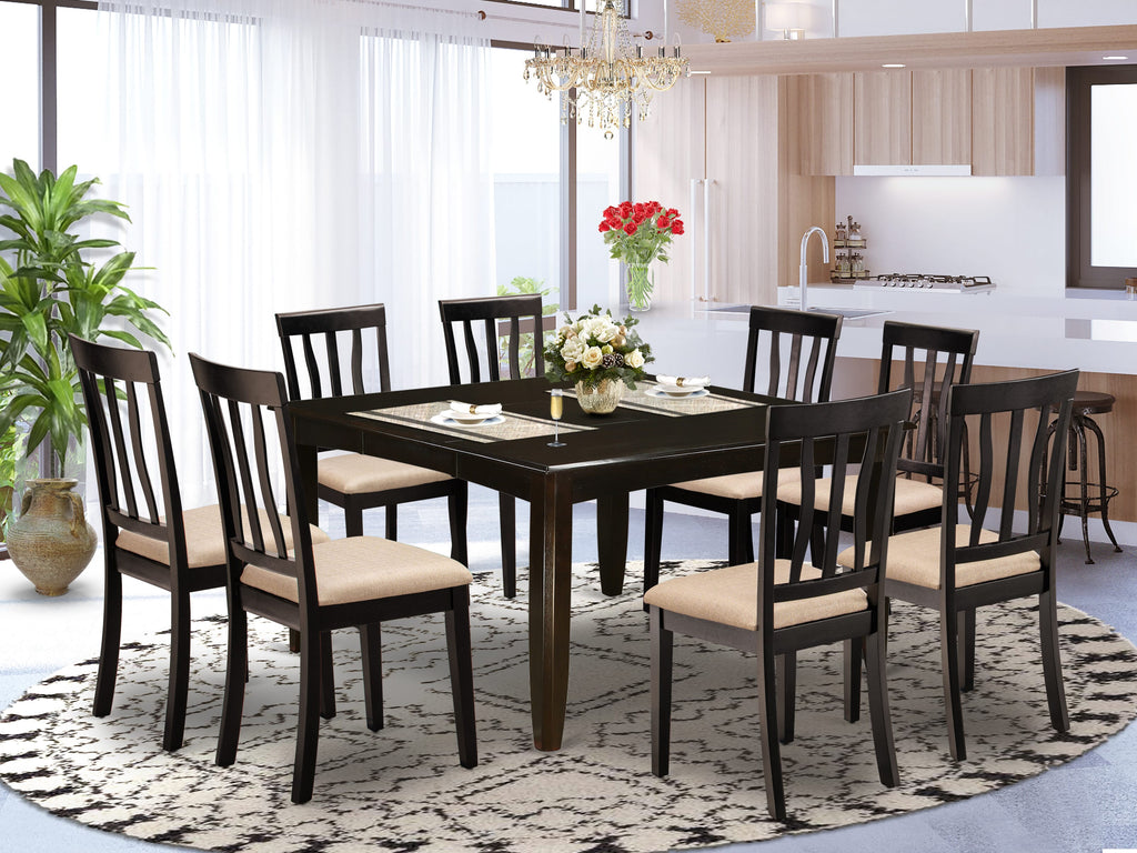 East West Furniture PFAN9-CAP-C 9 Piece Modern Dining Table Set Includes a Square Wooden Table with Butterfly Leaf and 8 Linen Fabric Dining Room Chairs