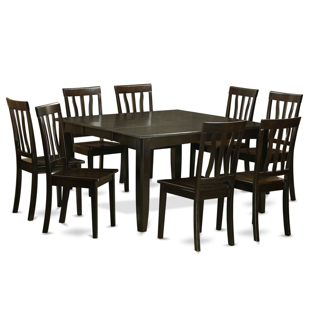 El juego de mesa de comedor East West Furniture PFAN9-CAP-W de 9 piezas incluye una mesa de cocina cuadrada con diseño de hojas de mariposa y 8 sillas de comedor.