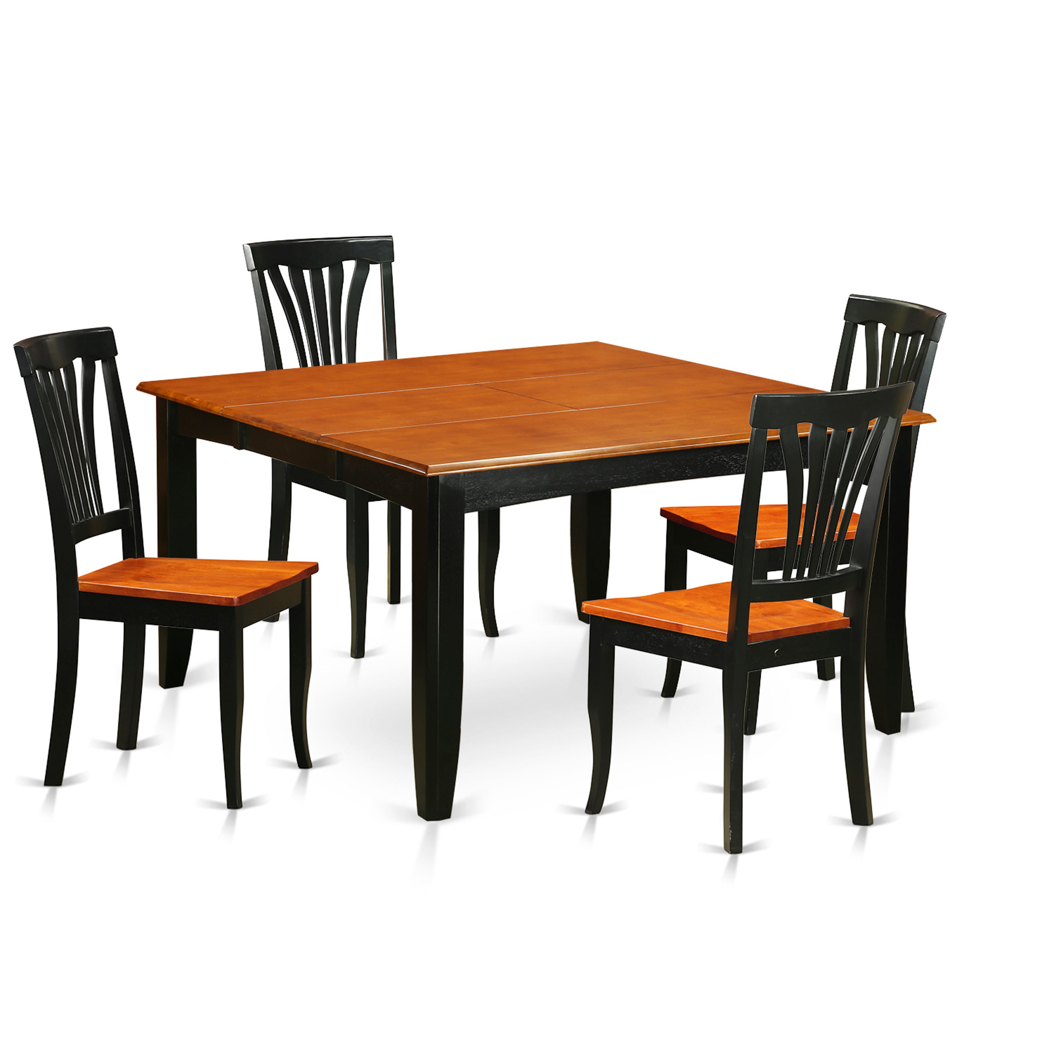 El juego de comedor de 5 piezas PFAV5-BCH-W de East West Furniture incluye una mesa de comedor cuadrada con hojas de mariposa y 4 sillas con asiento de madera.