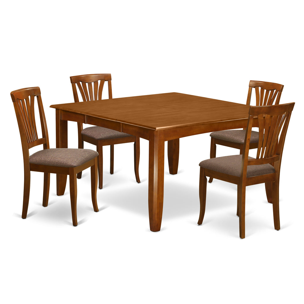Juego de mesa de comedor East West Furniture PFAV5-SBR-C de 5 piezas para 4 personas. Incluye una mesa de cocina cuadrada con diseño de hojas de mariposa y 4 sillas de comedor de cocina de tela de lino.