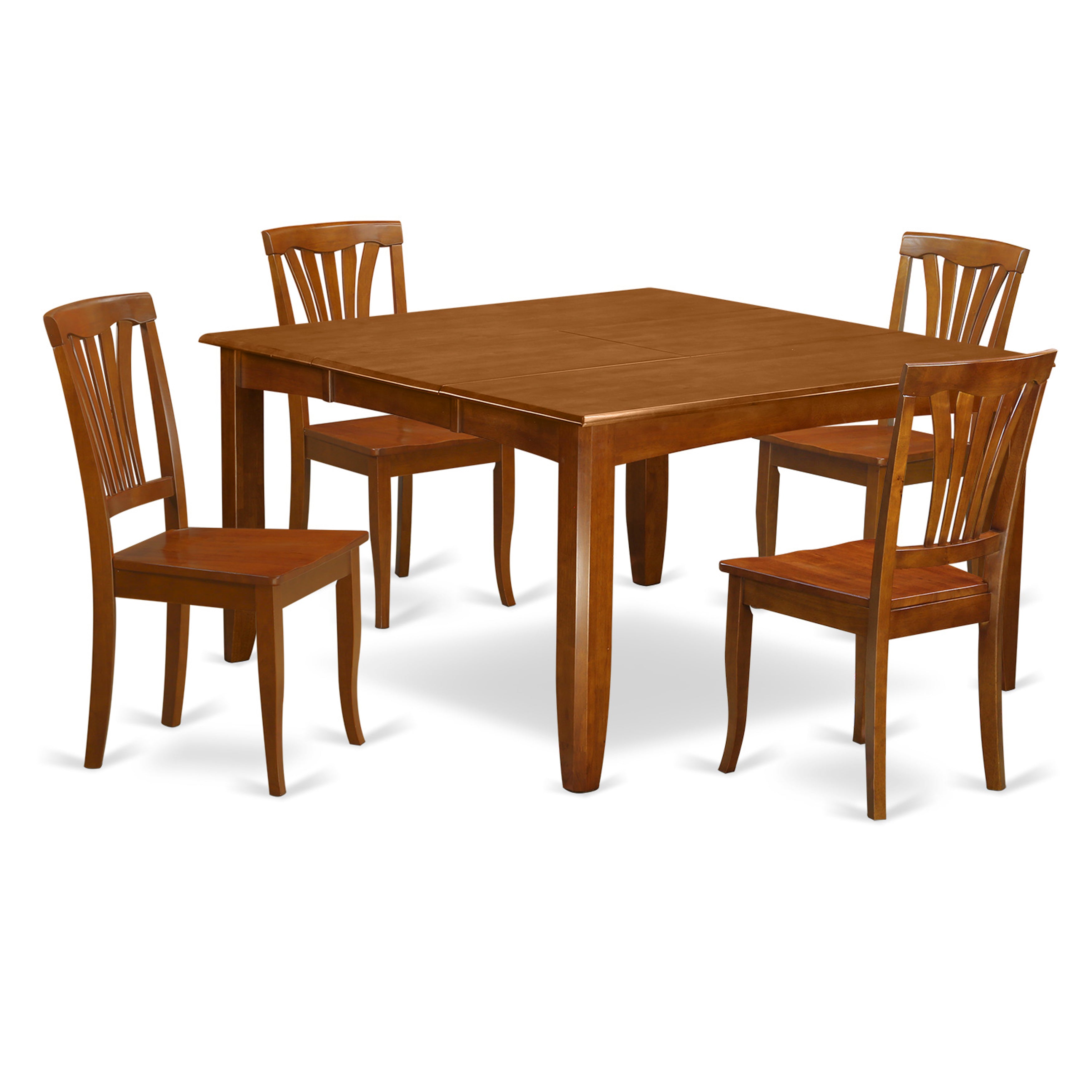 El juego de mesa y sillas de cocina de 5 piezas PFAV5-SBR-W de East West Furniture incluye una mesa de comedor cuadrada con hojas de mariposa y 4 sillas con asiento de madera maciza.