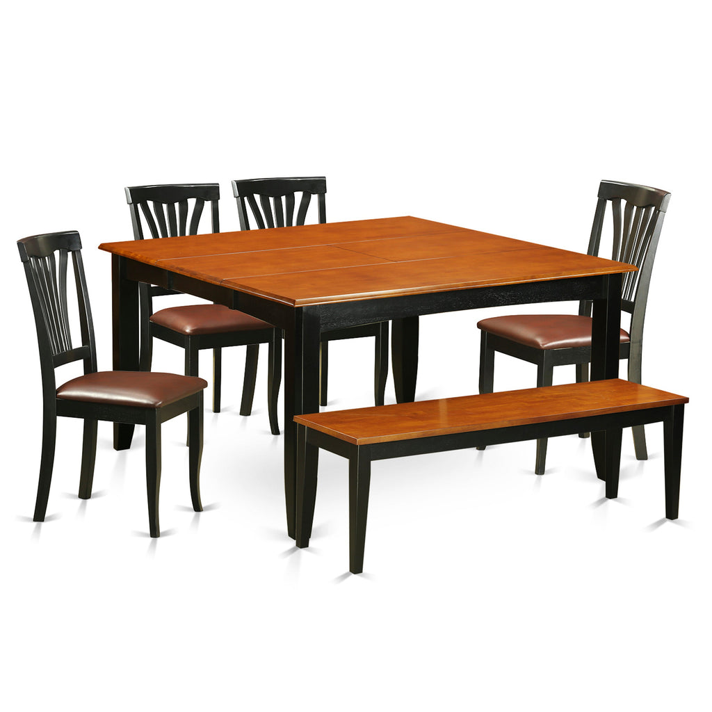 El juego de mesa de comedor de 6 piezas PFAV6-BCH-LC de East West Furniture contiene una mesa de comedor cuadrada con hojas de mariposa y 4 sillas de comedor de cuero sintético con un banco.