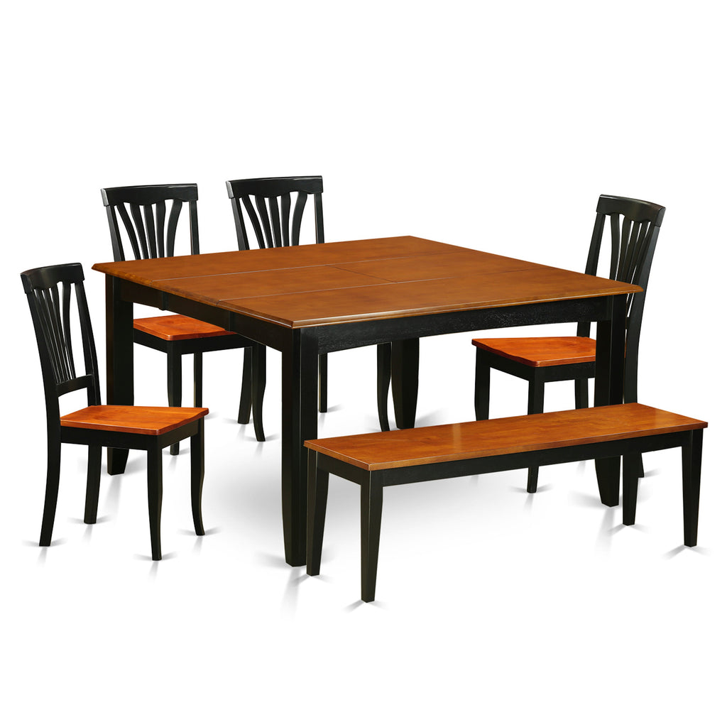 Juego de comedor de 6 piezas East West Furniture PFAV6-BCH-W. Contiene una mesa de comedor cuadrada con hojas de mariposa y 4 sillas de cocina con un banco.
