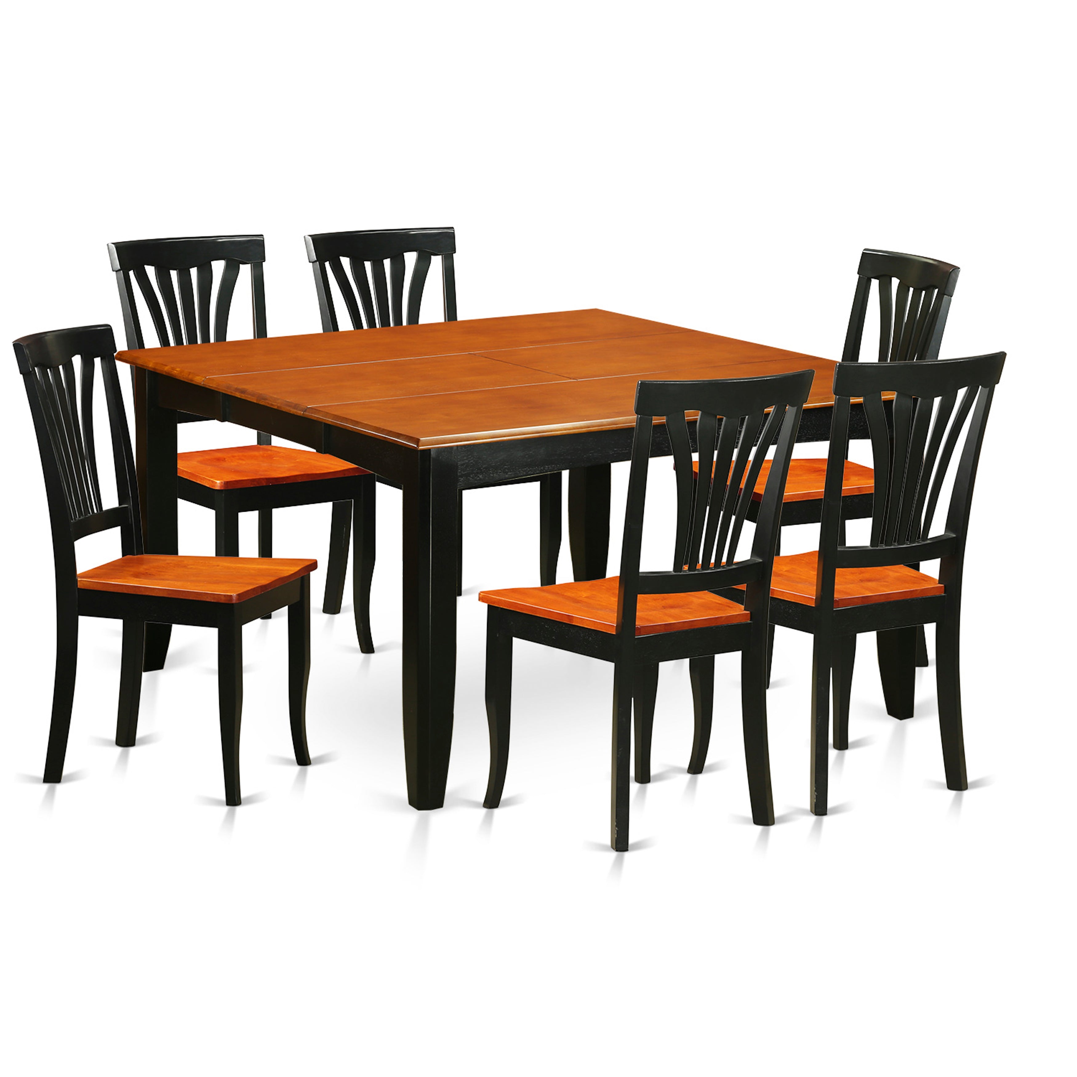 Juego de comedor de 7 piezas East West Furniture PFAV7-BCH-W compuesto por una mesa de cocina cuadrada con diseño de hojas de mariposa y 6 sillas de comedor.