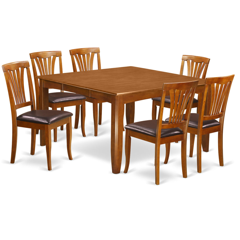 Juego de mesa de comedor East West Furniture PFAV7-SBR-LC de 7 piezas compuesto por una mesa de comedor cuadrada con diseño de hojas de mariposa y 6 sillas tapizadas en piel sintética.