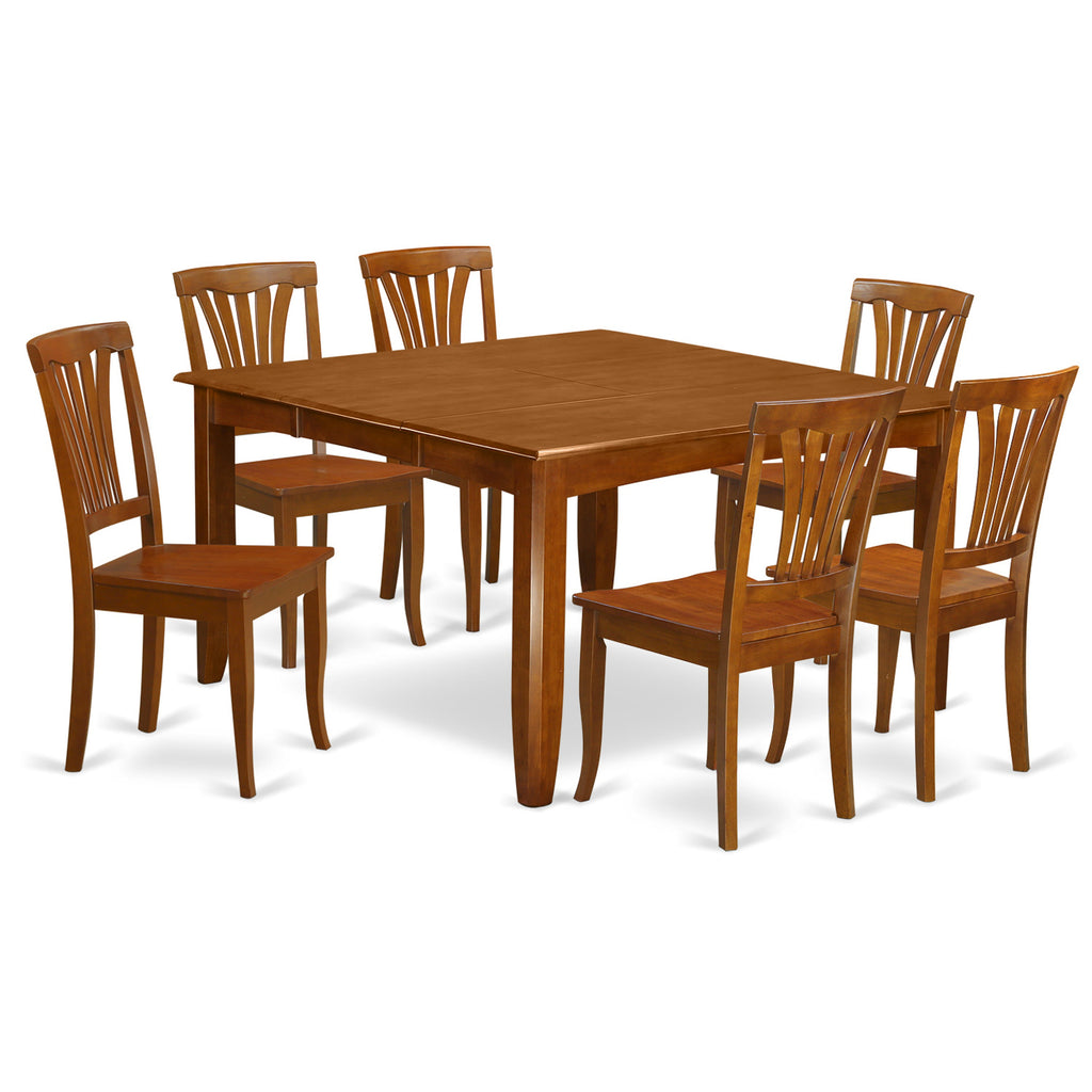 Juego de mesa de comedor East West Furniture PFAV7-SBR-W de 7 piezas compuesto por una mesa de comedor cuadrada con hojas de mariposa y 6 sillas con asiento de madera.