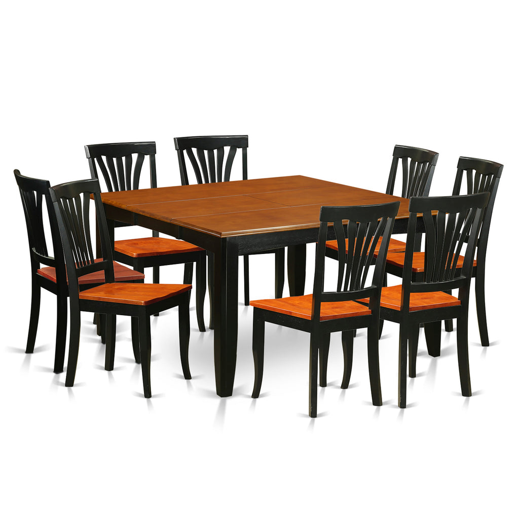 Juego de comedor East West Furniture PFAV9-BCH-W de 9 piezas. Incluye una mesa de comedor cuadrada con hojas de mariposa y 8 sillas de cocina.