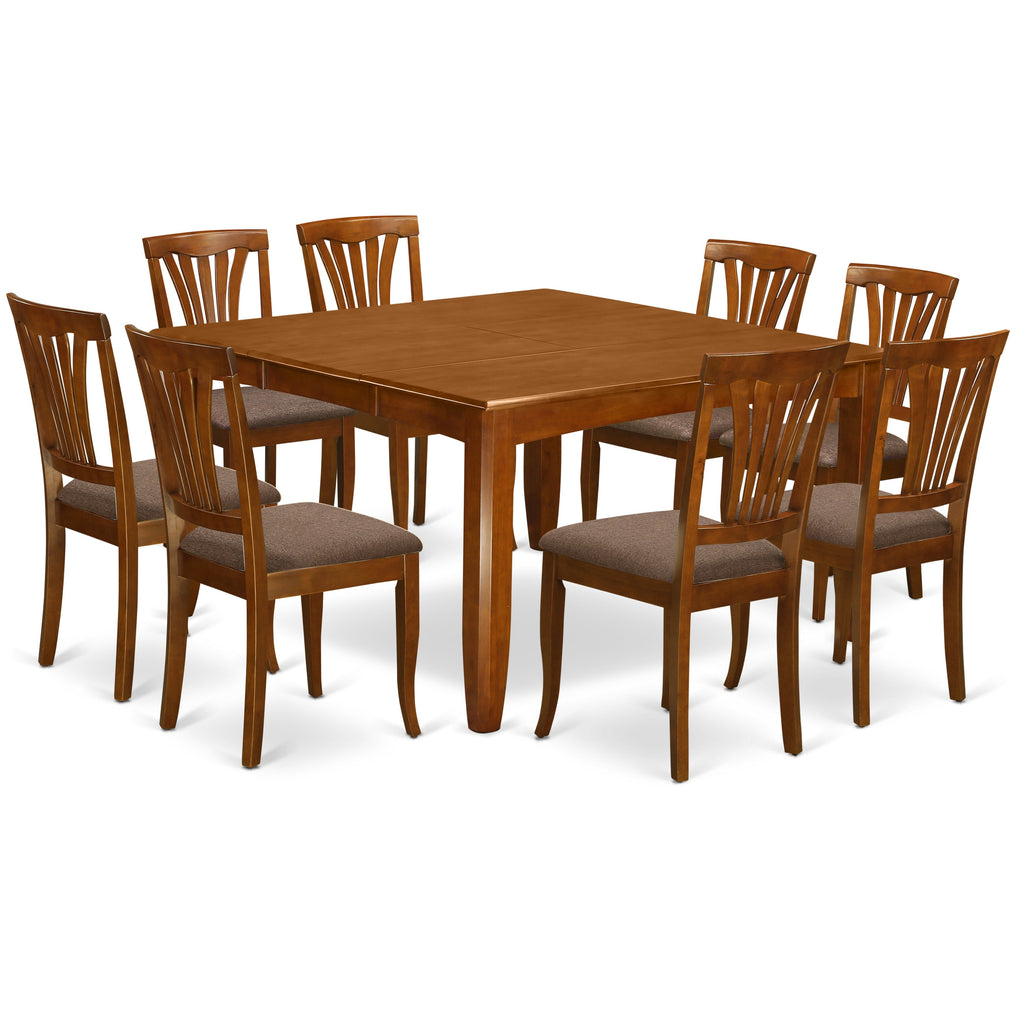 El juego de mesa de comedor East West Furniture PFAV9-SBR-C de 9 piezas incluye una mesa de cocina cuadrada con diseño de hojas de mariposa y 8 sillas de comedor tapizadas en tela de lino.