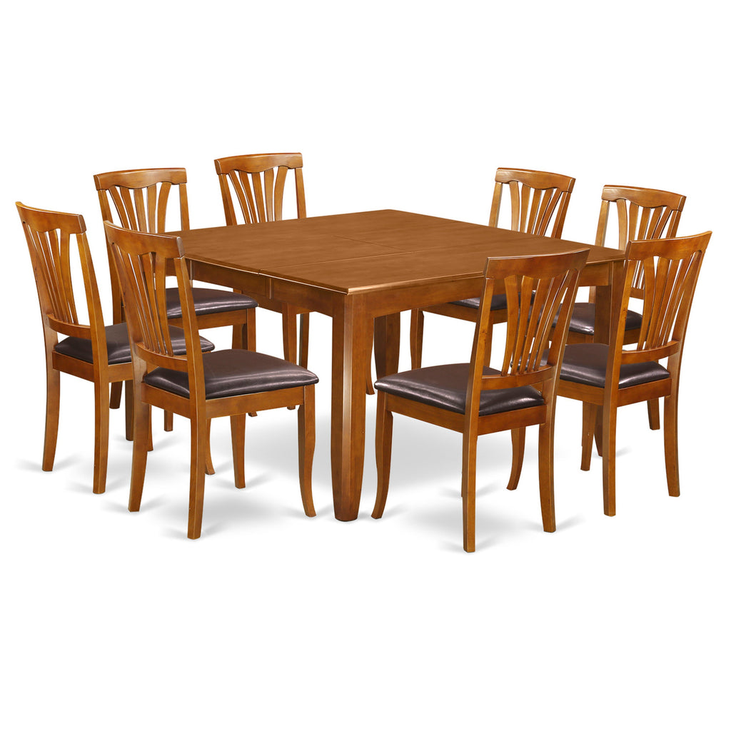 El juego de mesa de comedor East West Furniture PFAV9-SBR-LC de 9 piezas incluye una mesa cuadrada de madera con hojas de mariposa y 8 sillas de comedor de cuero sintético.