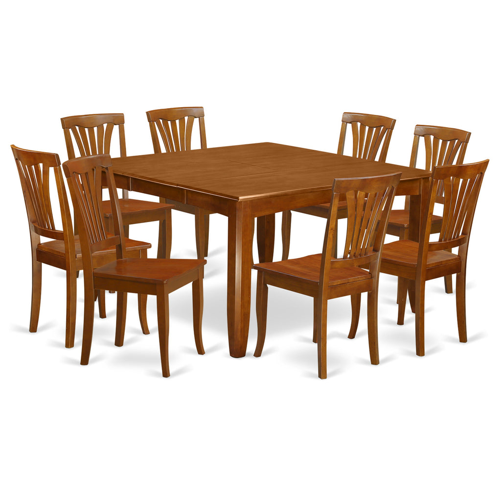 Juego de mesa y sillas de cocina East West Furniture PFAV9-SBR-W de 9 piezas. Incluye una mesa de comedor cuadrada con hojas de mariposa y 8 sillas de comedor.