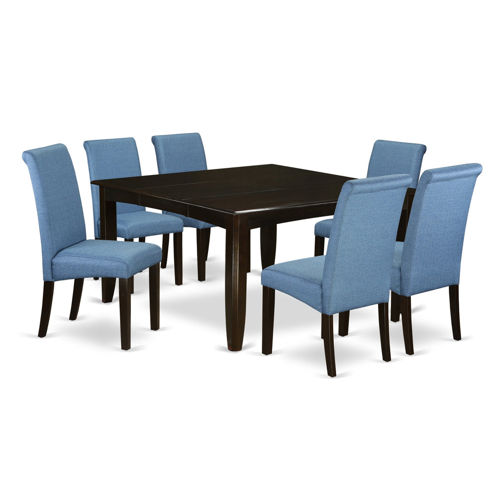 Juego de comedor de 7 piezas PFBA7-CAP-21 de East West Furniture: mesa de comedor cuadrada con diseño de hojas de mariposa y 6 sillas tapizadas en tela de lino azul.
