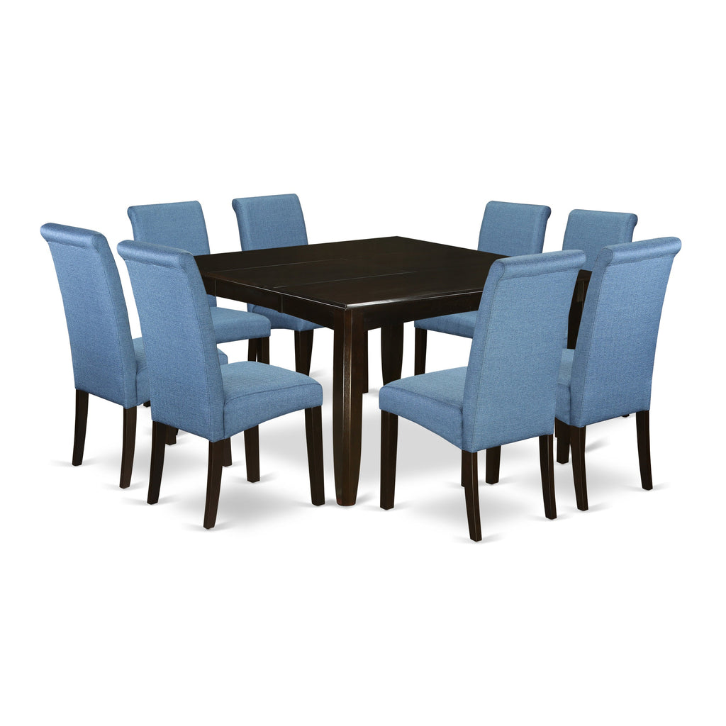 Juego de mesa de comedor moderna de 9 piezas East West Furniture PFBA9-CAP-21. Incluye una mesa cuadrada de madera con diseño de hojas de mariposa y 8 sillas Parson de tela de lino de color azul.