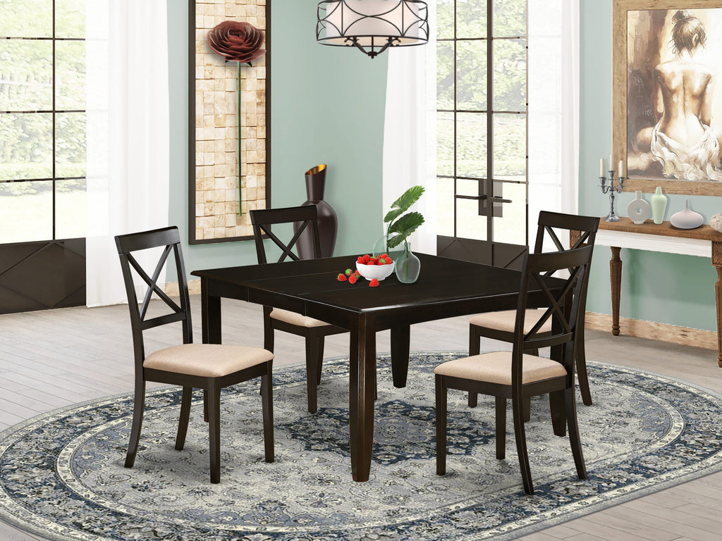East West Furniture PFBO5-CAP-C 5 Piece Dinette Set for 4 Includes a Square Dining Room Table with Butterfly Leaf and 4 Linen Fabric Upholstered Dining Chairs