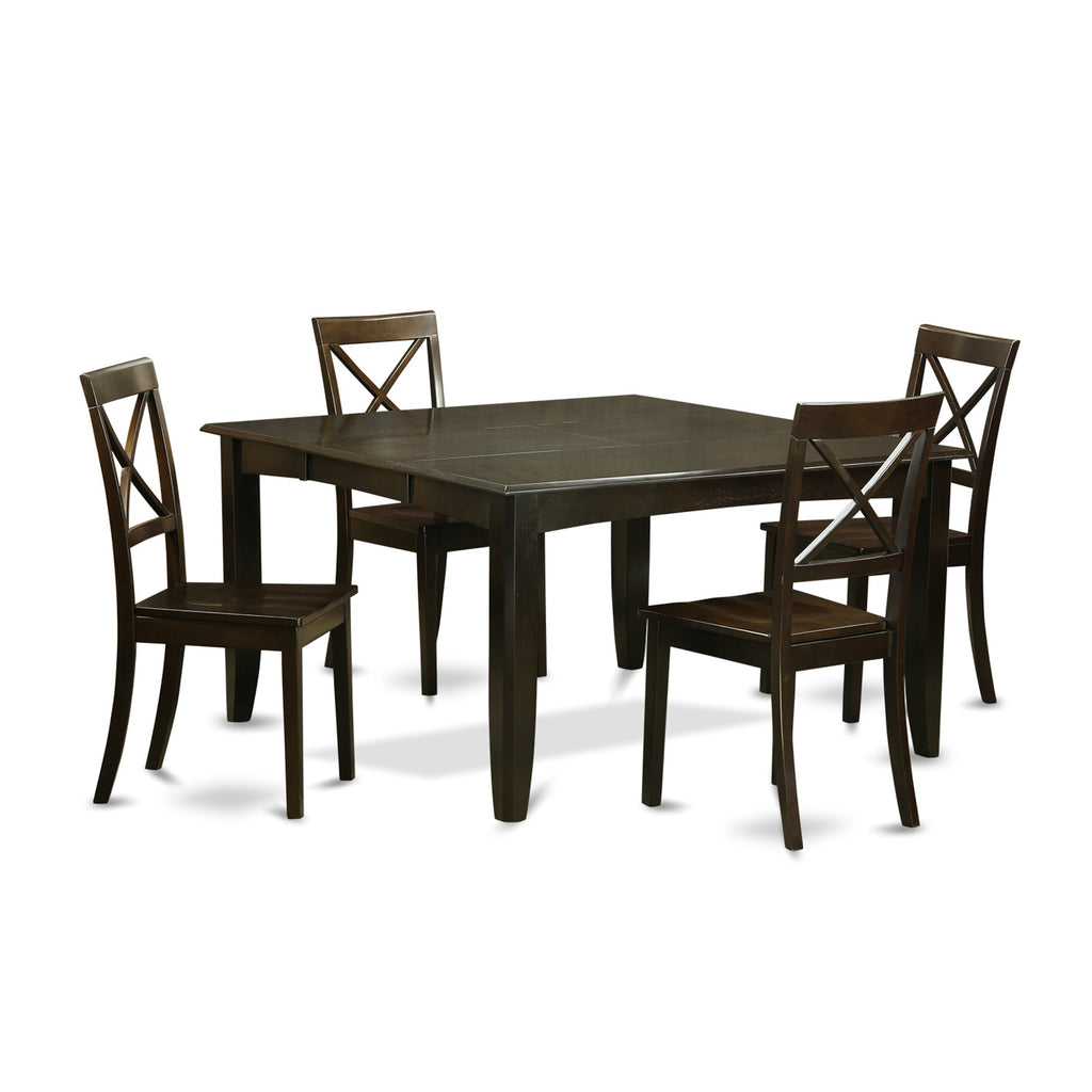 East West Furniture PFBO5-CAP-W 5 Piece Dining Room Furniture Set Includes a Square Kitchen Table with Butterfly Leaf and 4 Dining Chairs