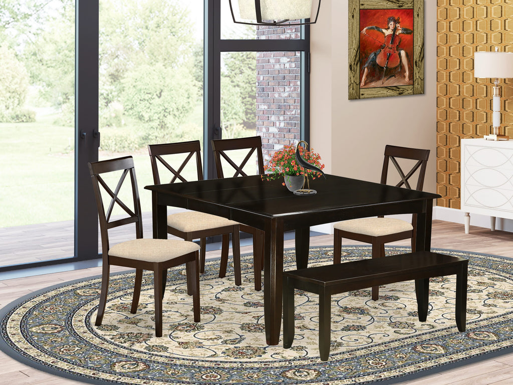 East West Furniture PFBO6-CAP-C 6 Piece Kitchen Table Set Contains a Square Dining Table with Butterfly Leaf and 4 Linen Fabric Dining Chairs with a Bench