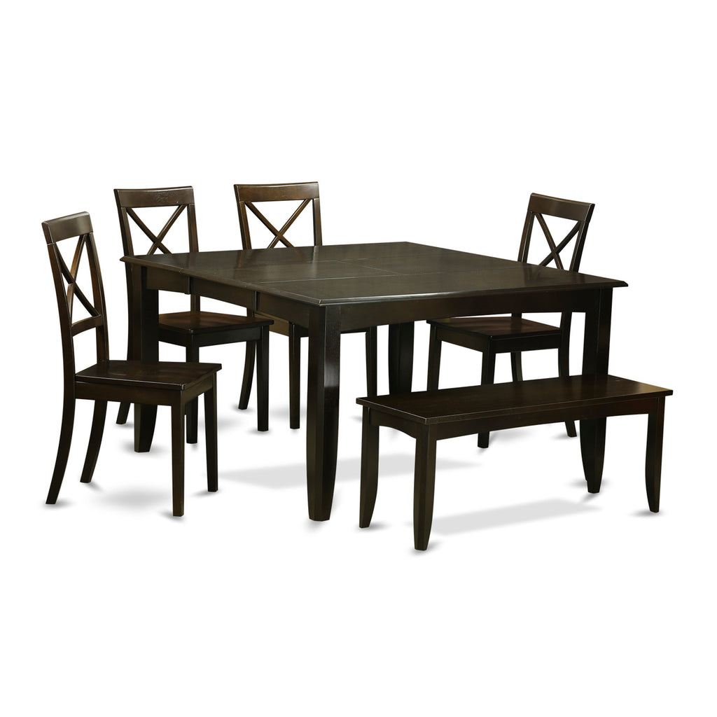El juego de mesa de comedor de 6 piezas PFBO6-CAP-W de East West Furniture contiene una mesa de comedor cuadrada con hojas de mariposa y 4 sillas con asiento de madera con un banco.