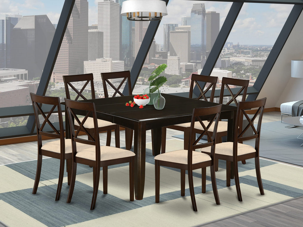 East West Furniture PFBO9-CAP-C 9 Piece Dining Table Set Includes a Square Wooden Table with Butterfly Leaf and 8 Linen Fabric Dining Room Chairs